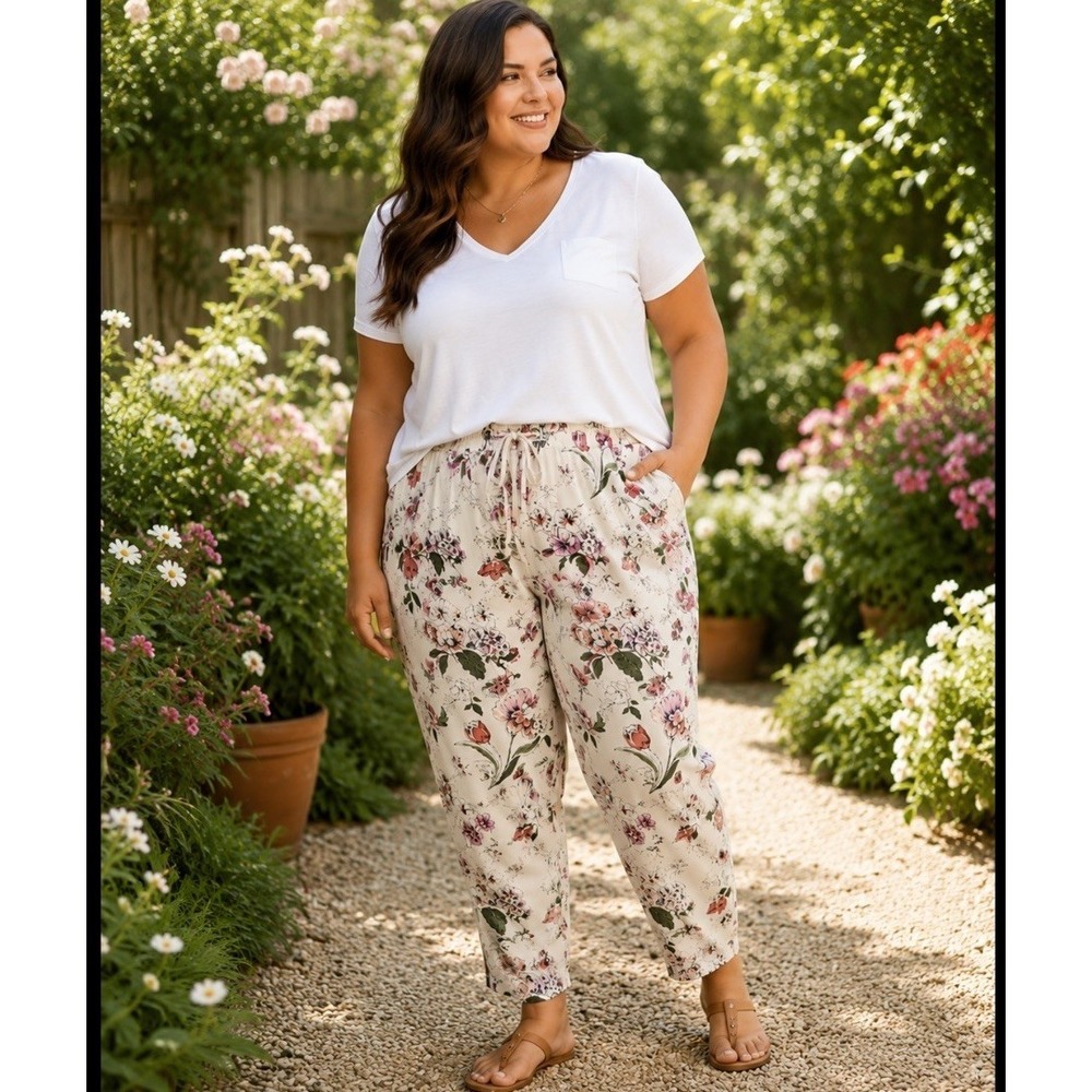 Annβ Taylor Size 18 Ankle Trouser Pants Womens White Floral Print High Rise Tie